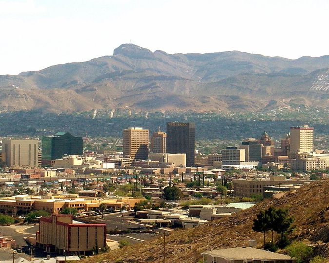 Downtown El Paso skyline with desert mountains behind it