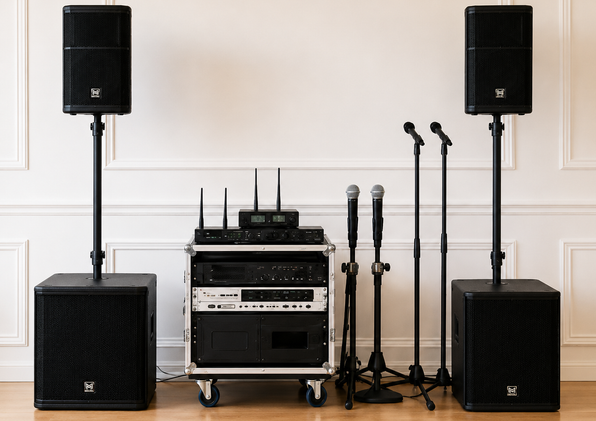 Event speakers, subwoofers and a wireless microphone rack ready for rental