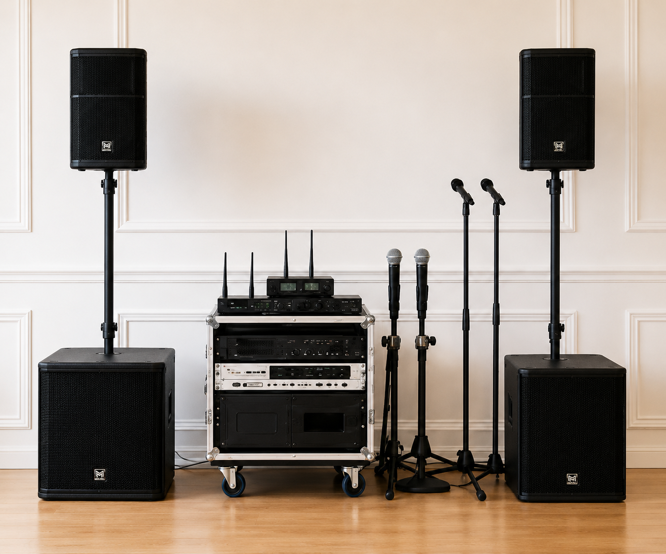 Two speakers on subwoofers flank a rolling rack of wireless receivers, with four microphones on stands
