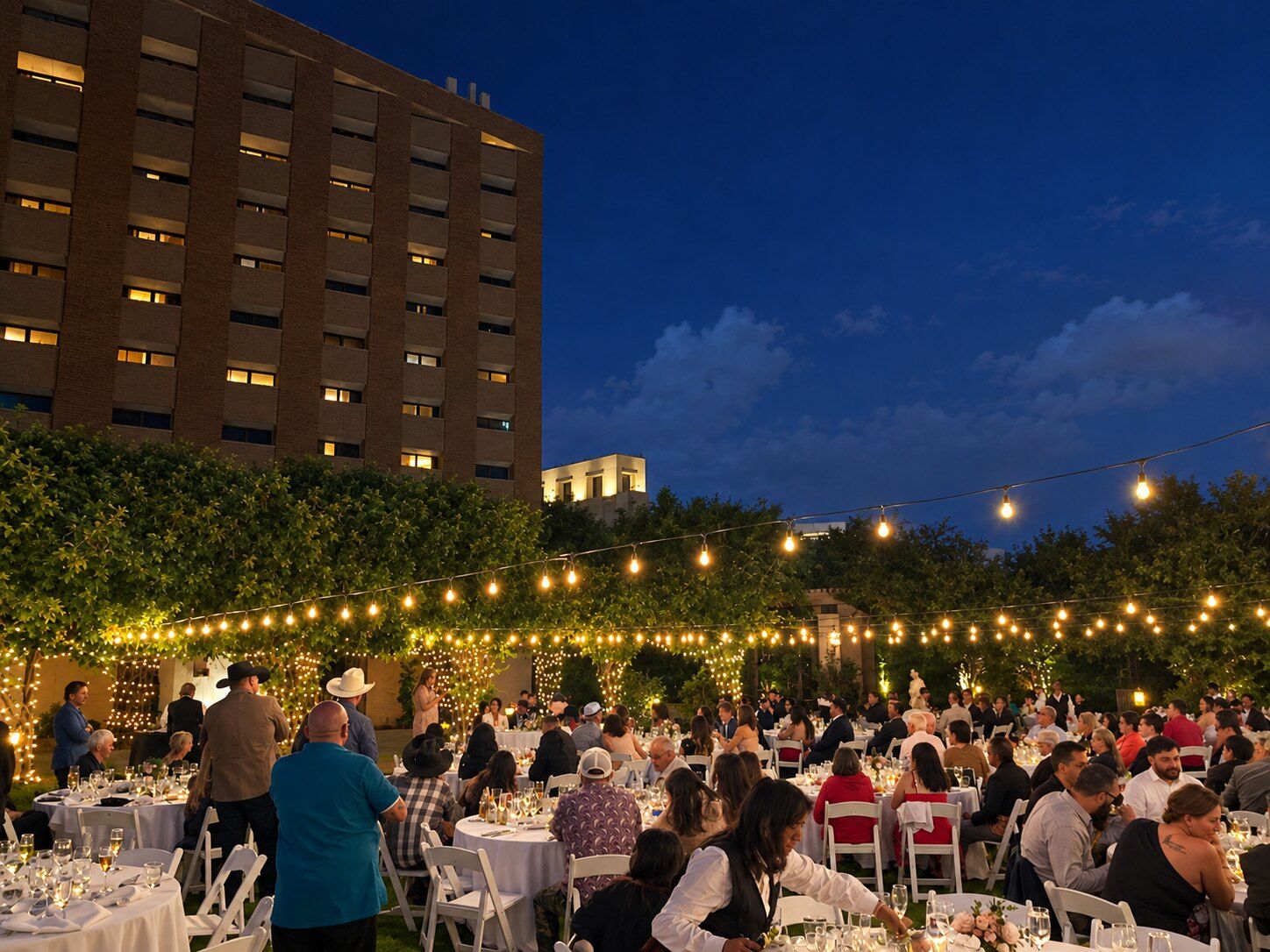 Guests at dinner tables under strings of warm lights at an outdoor evening reception