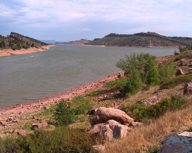 Horsetooth Reservoir and red sandstone hills west of Fort Collins