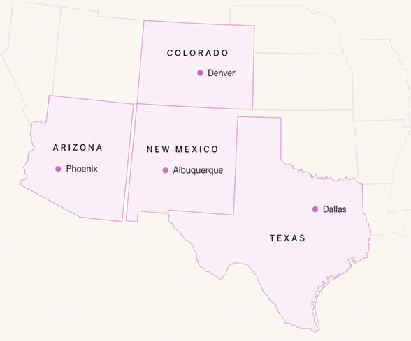 Map of Arizona, Colorado, Texas and New Mexico with home cities marked